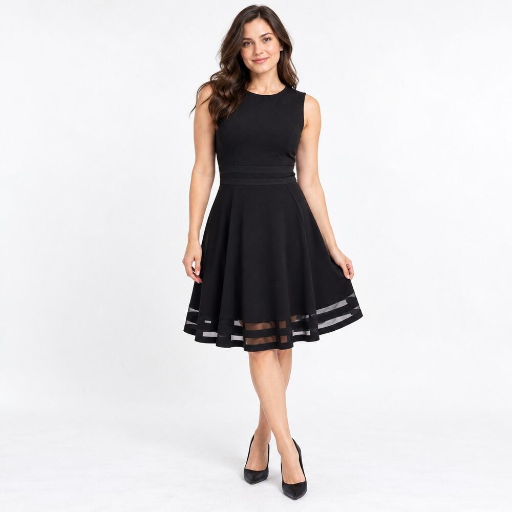 Calvin Klein Black Dress Women’s Size 12 Fit and Flare Sleeveless Sheer Cocktail